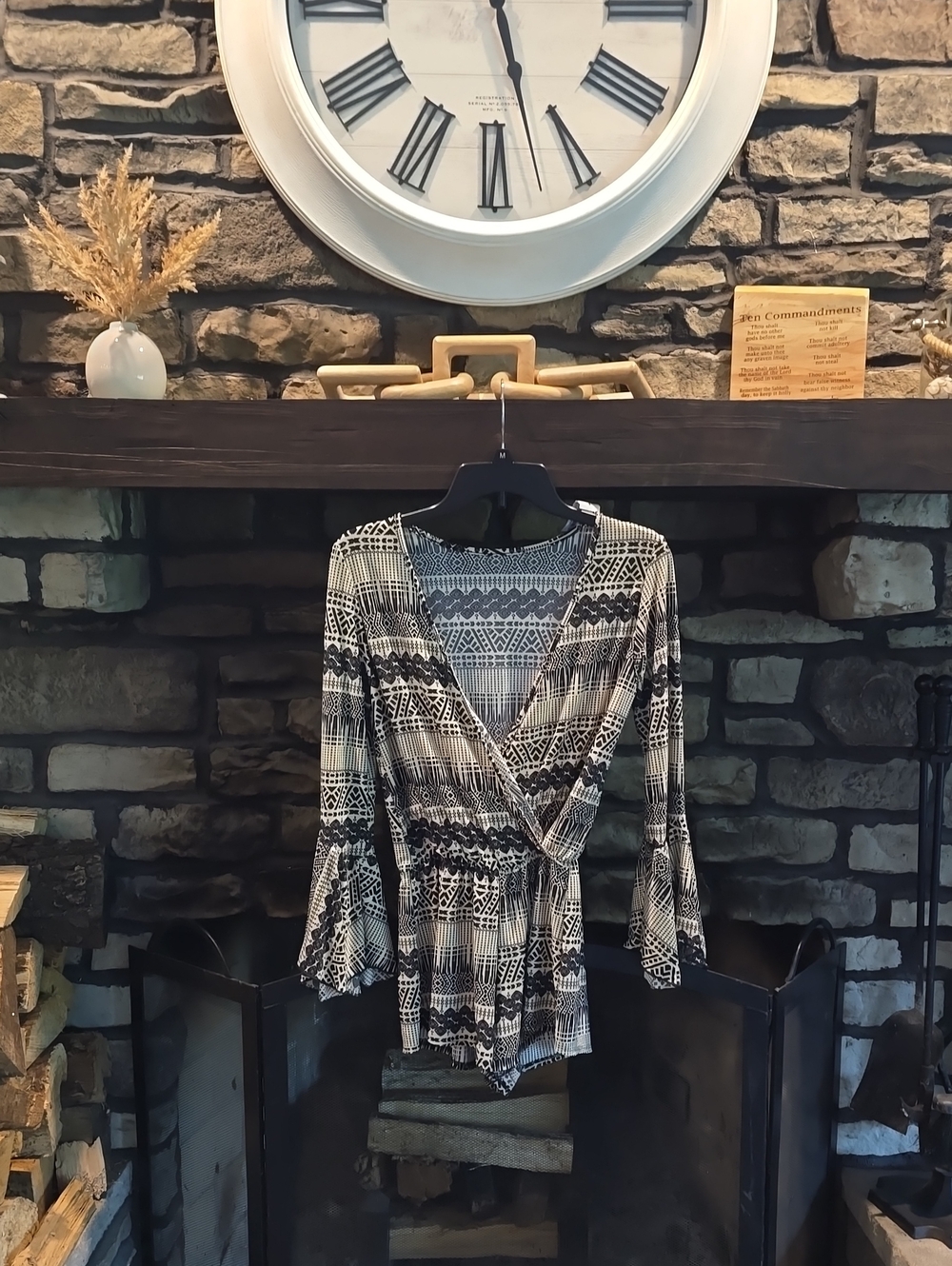 Black & Cream Printed Wrap-Front Romper